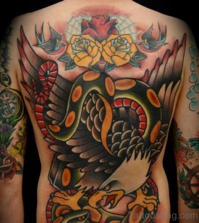 Colored Eagle Tattoo On Full Back