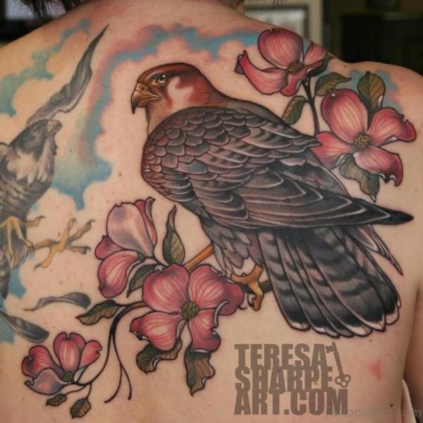 Colored Flower And Eagle Tattoo