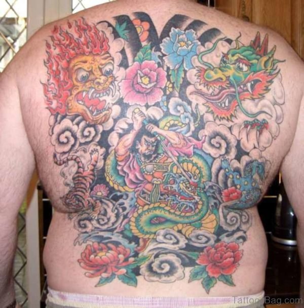 Colored Flower And Warrior Tattoo