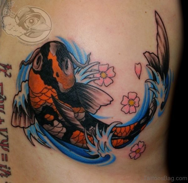 Colored Koi Fish & Cherry Blossoms Tattoo