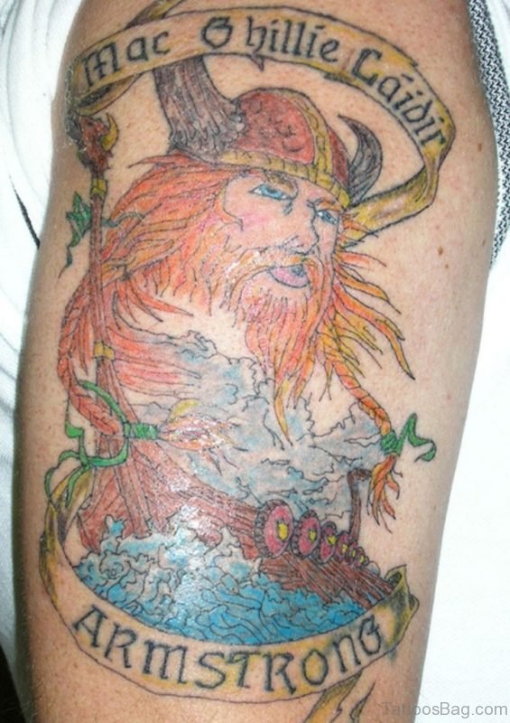 Colored Viking Tattoo On Left Shoulder