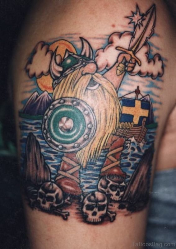 Colored Viking Tattoo On Right Shoulder