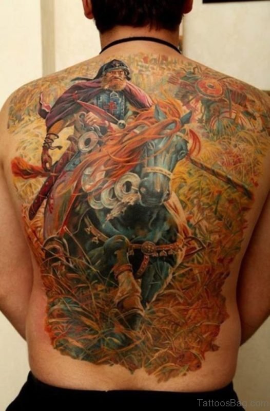 Colored Warrior Tattoo On Back