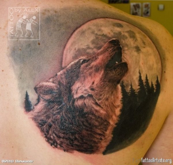 Colored Wolf And Moon Tattoo