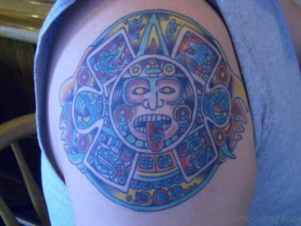 Colorful Aztec Tattoo On Right Shoulder