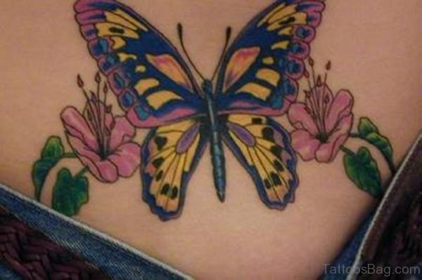 Colorful Butterfly And Flower Tattoo