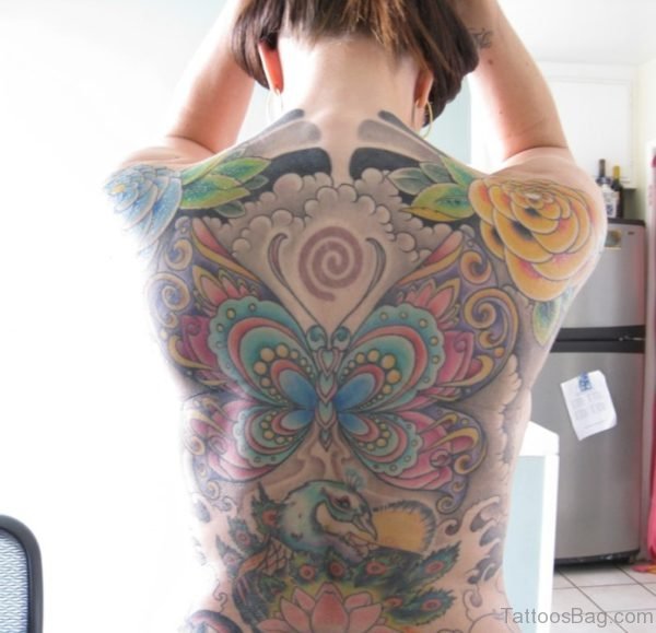Colorful Butterfly Tattoo On Full Back