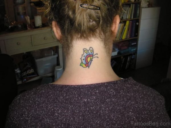 Colorful Butterfly Tattoo On Neck