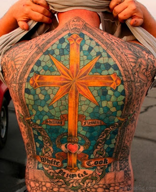 Colorful Cross Tattoo On Full Back