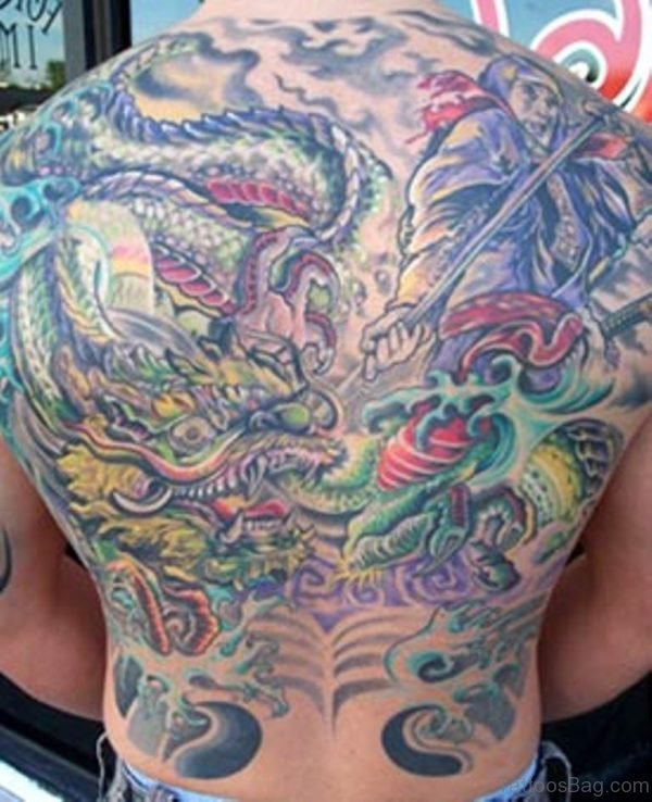 Colorful Dragon Tattoo On Full Back