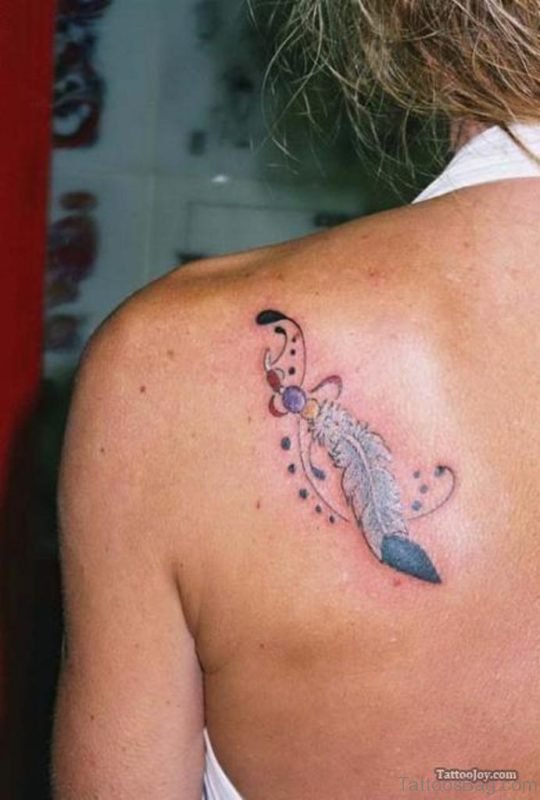 Colorful Feather Tattoo On Right Back