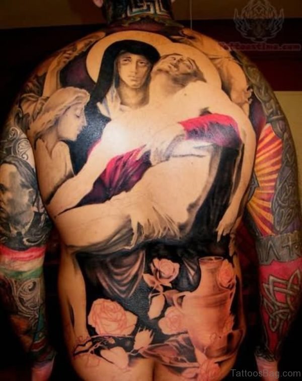Colorful Religious Tattoo On Back