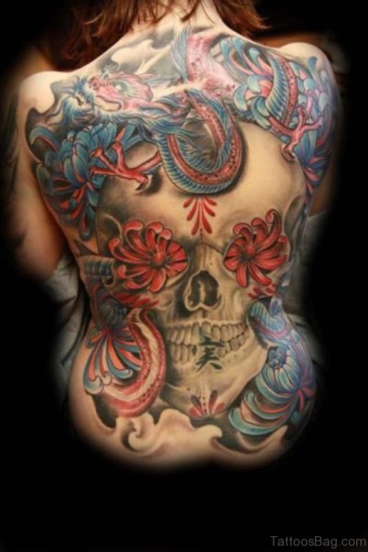 Colorful Skull Tattoo On Back 