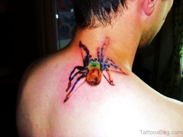 Colorful Spider Tattoo On Neck