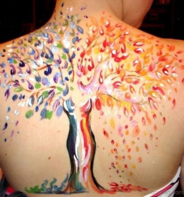 Colorful Tree Tattoo On Back