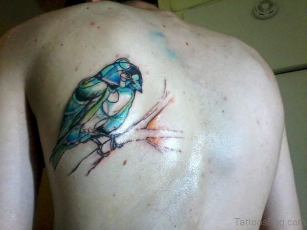 Colorful Bird Tattoo On Upper Back