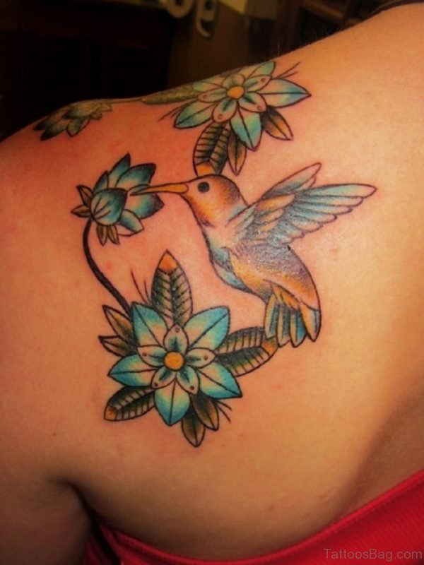Colorful Hummingbird Tattoo On Back