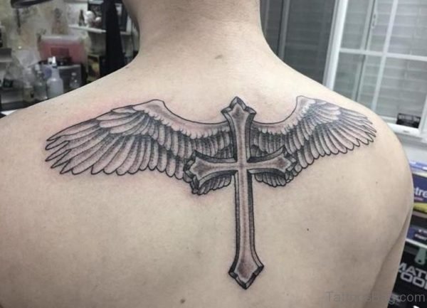 Awesome Cross And Wings Tattoo On Back