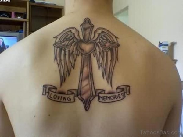 Cross Wings Tattoo On Upper Back For Men
