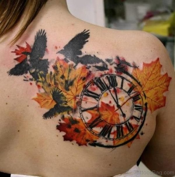 Crows Autumn Leaves And Clock Tattoo