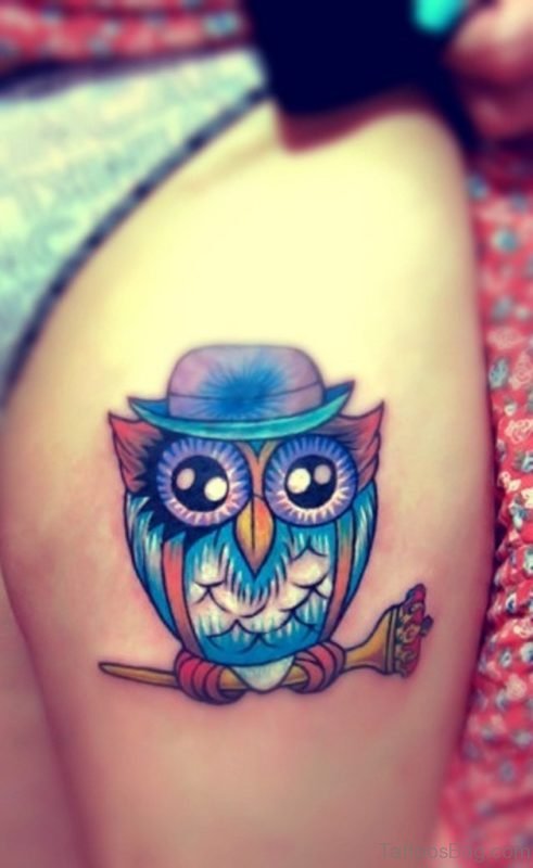 Cute Owl With Hat Tattoo On Thigh