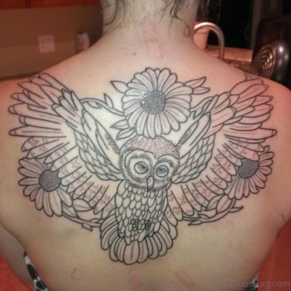 Daisy Flowers And Owl Tattoo Design