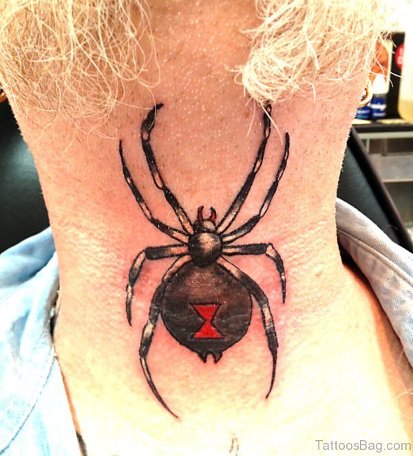 Dark Black Spider Tattoo On Neck