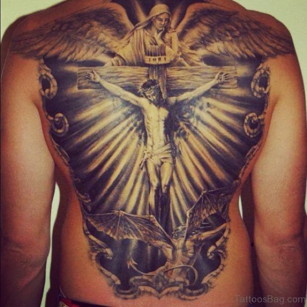 Dark Ink Cross Tattoo On Full Back