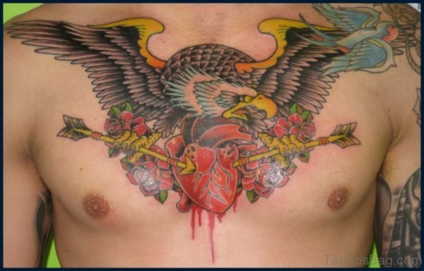 Eagle With Bloody Arrow Heart Tattoo On Chest