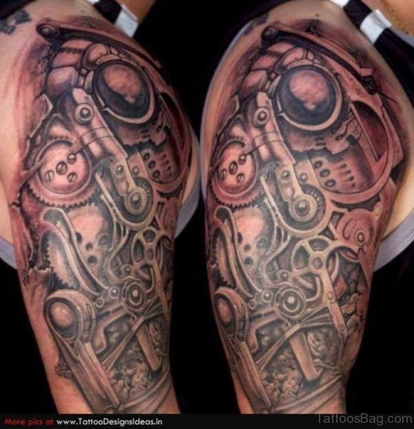 Excellent Mechanical Tattoo On Half Sleeve