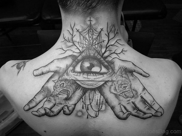 Eye And Hands Tattoo On Back