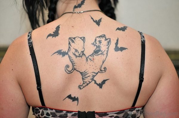 Fighting Cat Tattoo On Upper Back