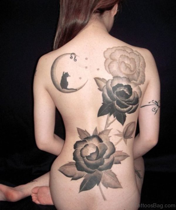Flower And Moon Tattoo On Back