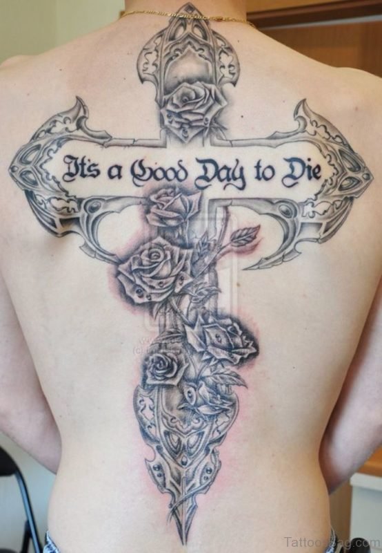 Flower Cross Tattoo On Full Back