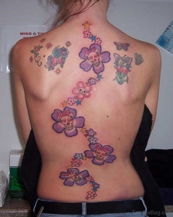 Flower Skull Tattoo On Back For Girl