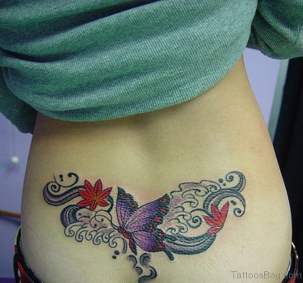 Flower And Butterfly Lower Back Tattoo
