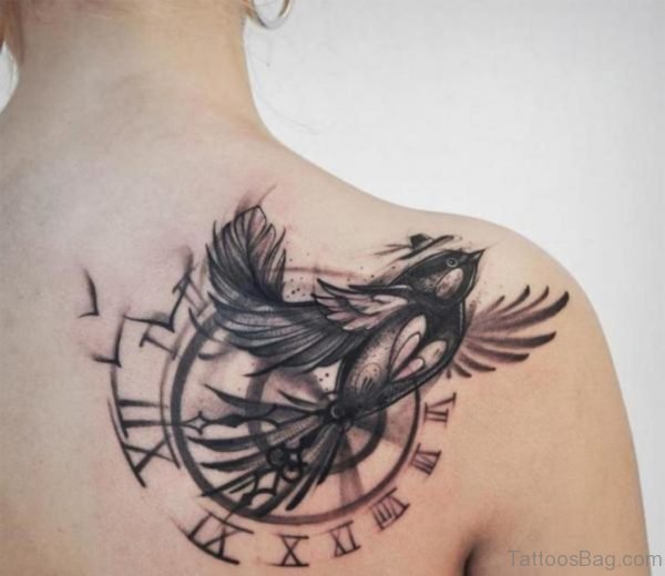 Flying Bird And Clock Tattoo