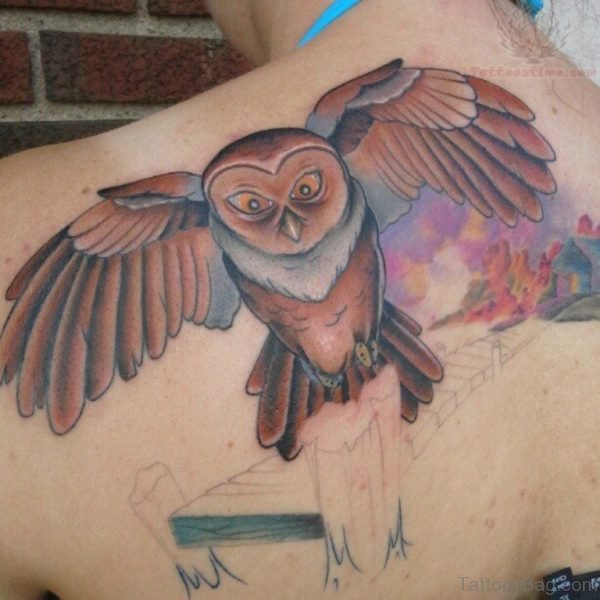 Flying Owl Tattoo Design On Back