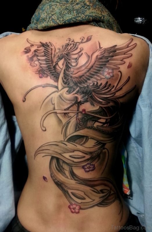Funky Phoenix Tattoo On Back