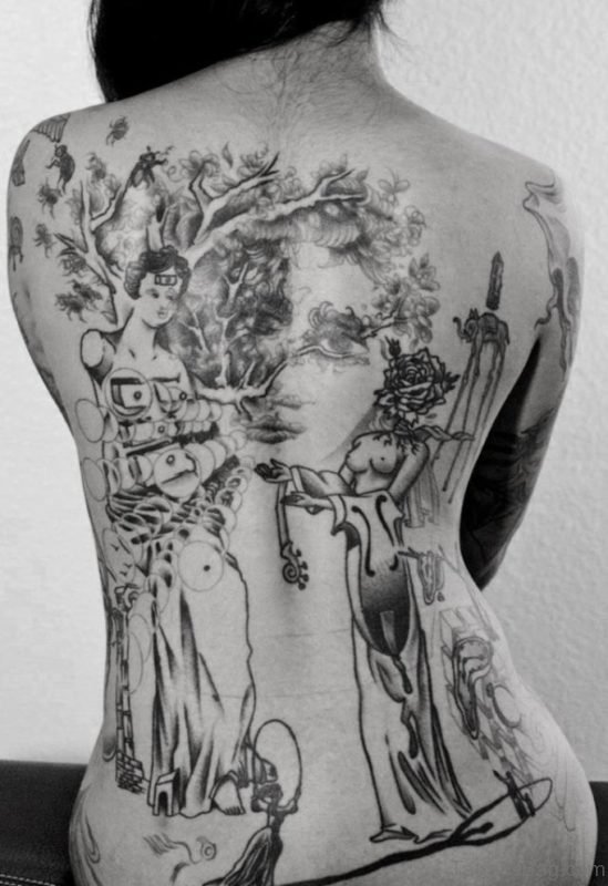Geisha Girl And Tree Tattoo
