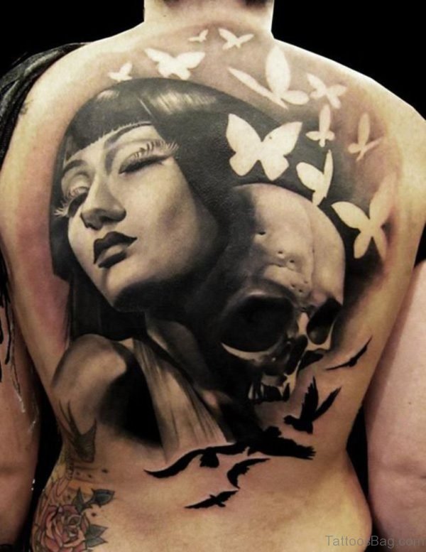 Girl And Skull Tattoo On Full Back