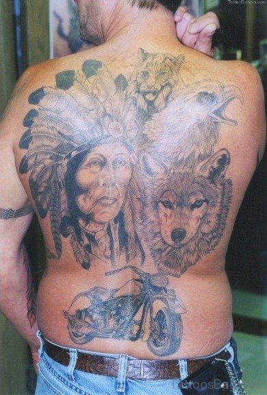 Girl Face And Wolf Tattoo On Back
