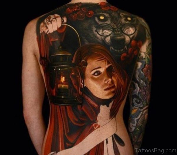 Girl Face And Wolf Tattoo On Full Back