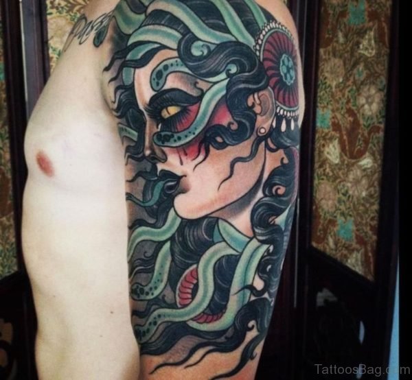 Golden Eyes Medusa Tattoos On Upper Sleeve