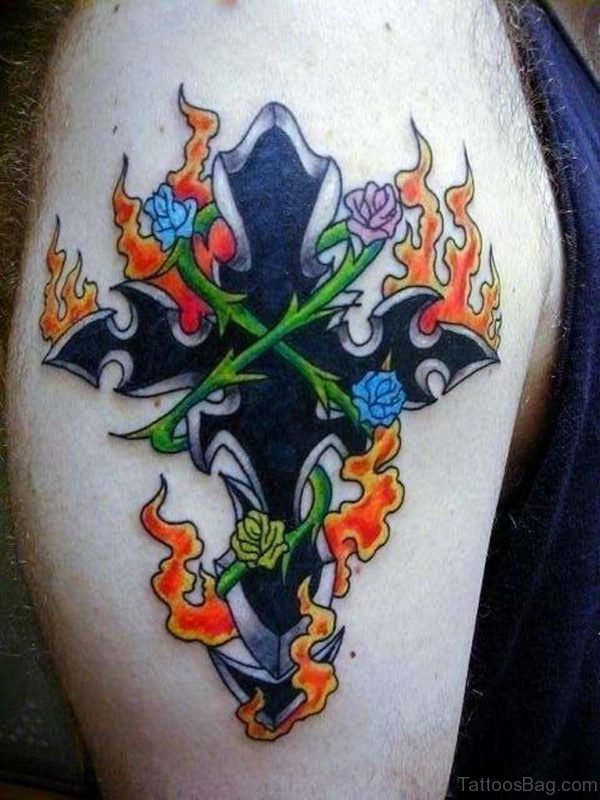 Graceful Cross Tattoo On Shoulder