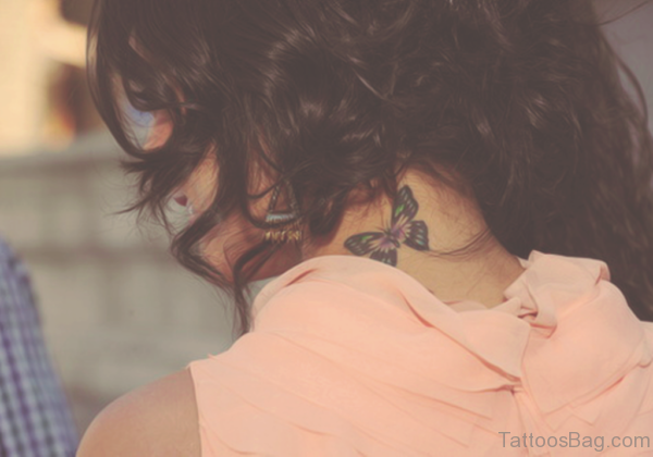 Green Butterfly Tattoo On Neck