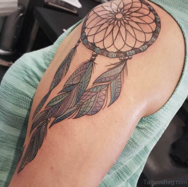 Green Dream Catcher Tattoo On Shoulder
