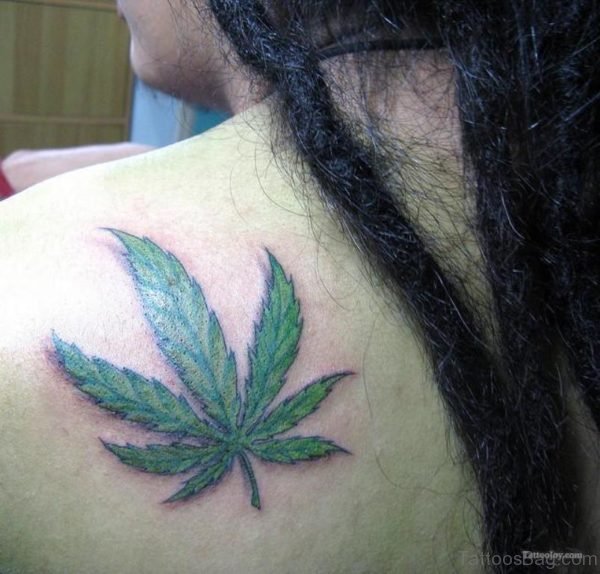 Green Ink Marijuana Leaf Tattoo
