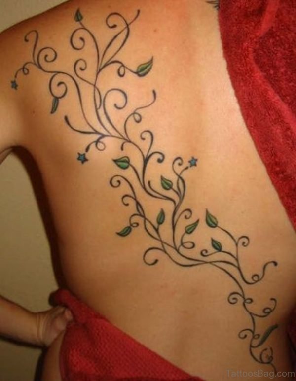 Green Leaf Tattoo On Back
