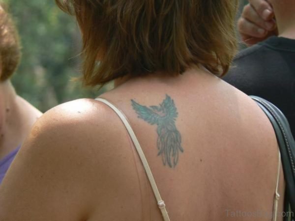 Green Phoenix Tattoo On Upper Back